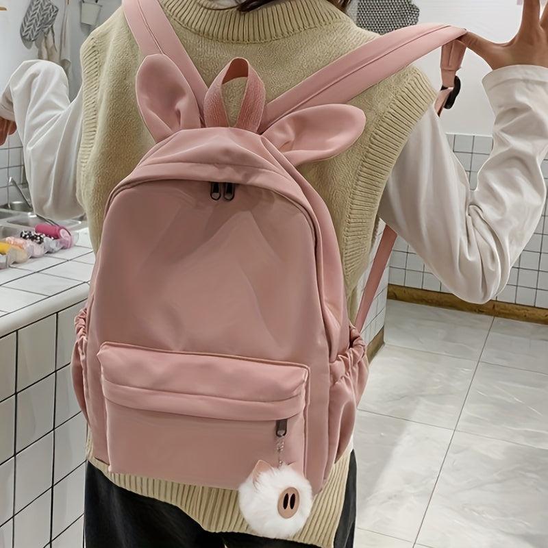 Rabbit Ears Backpack With Plush Pig Pendant Double Shoulder Bag