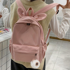 Rabbit Ears Backpack With Plush Pig Pendant Double Shoulder Bag