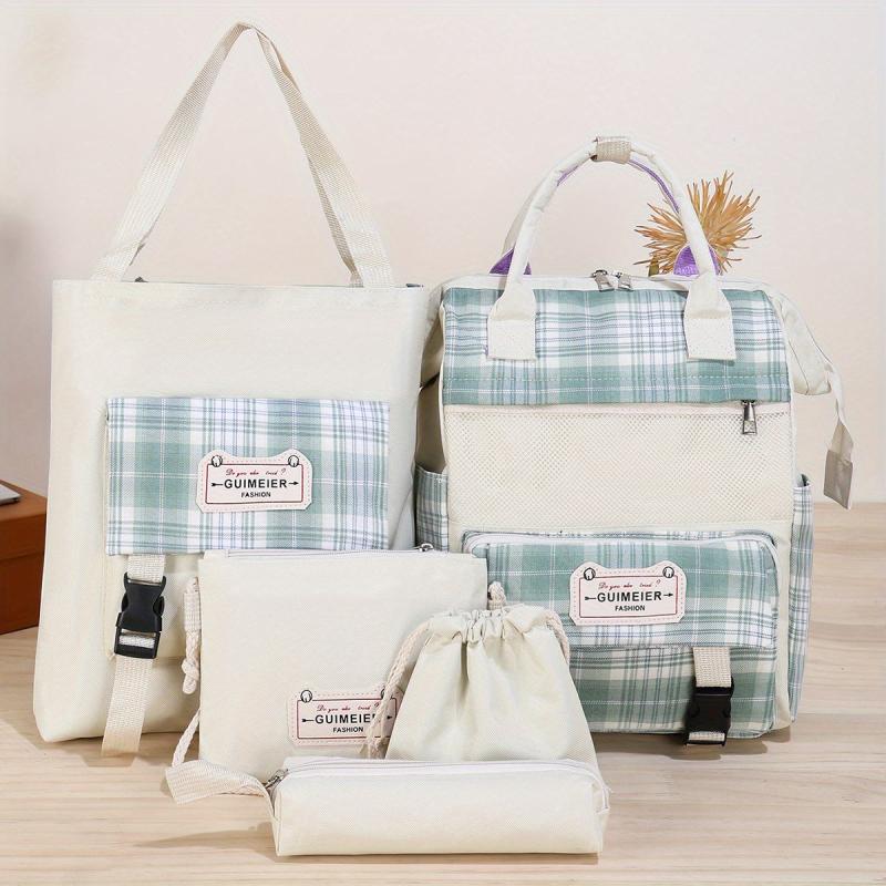 Plaid Cloth Backpack Five piece Set Large School Bag
