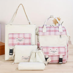 Plaid Cloth Backpack Five piece Set Large School Bag
