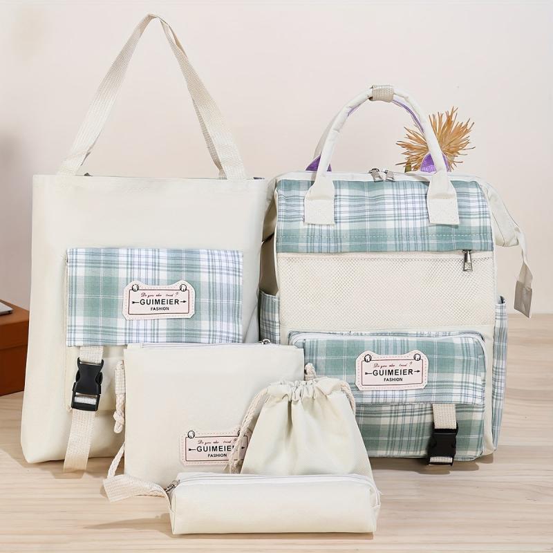 Plaid Cloth Backpack Five piece Set Large School Bag