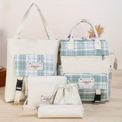 Plaid Cloth Backpack Five piece Set Large School Bag