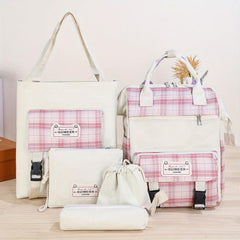 Plaid Cloth Backpack Five piece Set Large School Bag