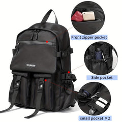 Simple Black Backpack Large Capacity Double Shoulder Bag with Pockets