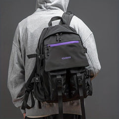 Simple Black Backpack Large Capacity Double Shoulder Bag with Pockets