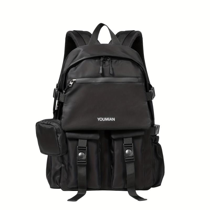 Simple Black Backpack Large Capacity Double Shoulder Bag with Pockets