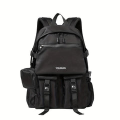 Simple Black Backpack Large Capacity Double Shoulder Bag with Pockets