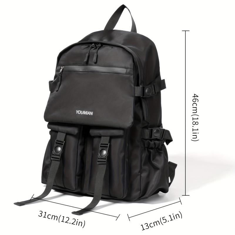 Simple Black Backpack Large Capacity Double Shoulder Bag with Pockets