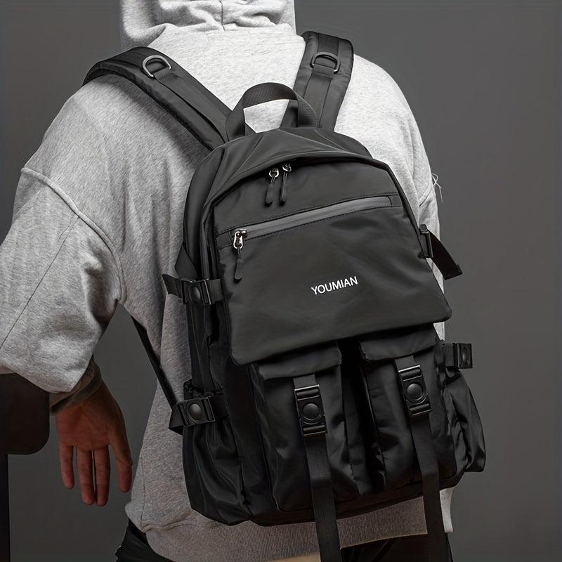 Simple Black Backpack Large Capacity Double Shoulder Bag with Pockets