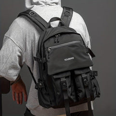 Simple Black Backpack Large Capacity Double Shoulder Bag with Pockets