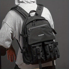 Simple Black Backpack Large Capacity Double Shoulder Bag with Pockets
