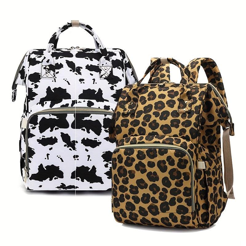 Cow Print Leopard Print Casual Backpack Waterproof Large Capacity Mommy Bag