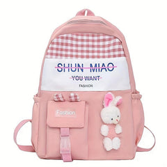 Minimalist Casual Backpack With Rabbit Pendant For Girls