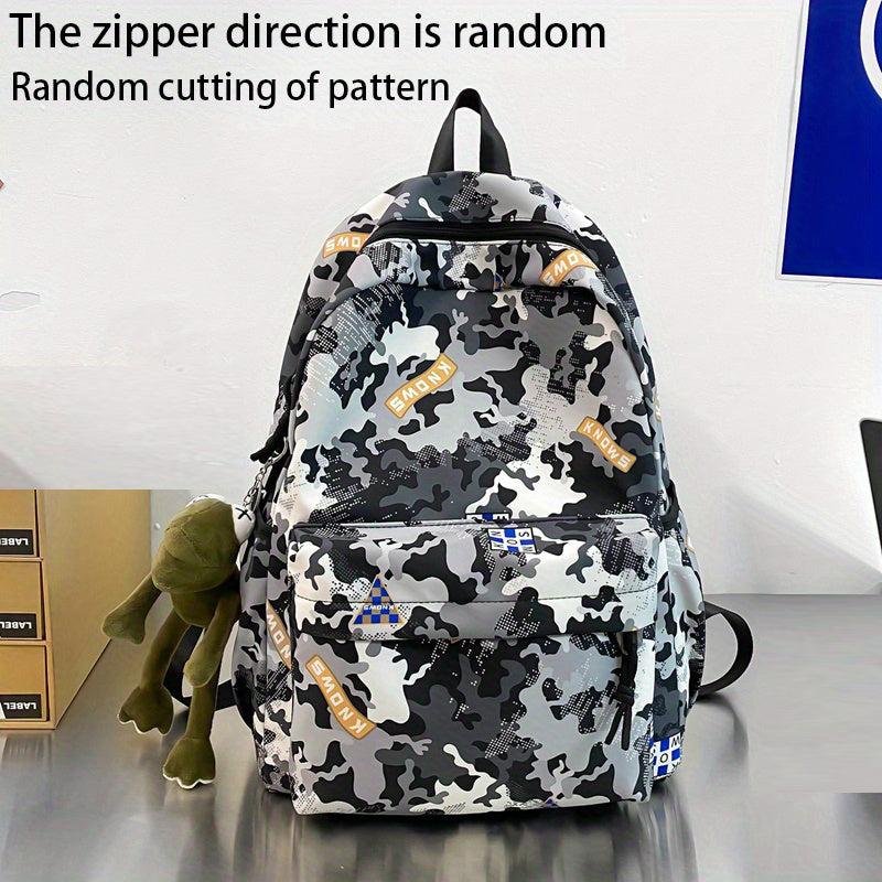 Camouflage Backpack with Frog Pendant for School and Travel