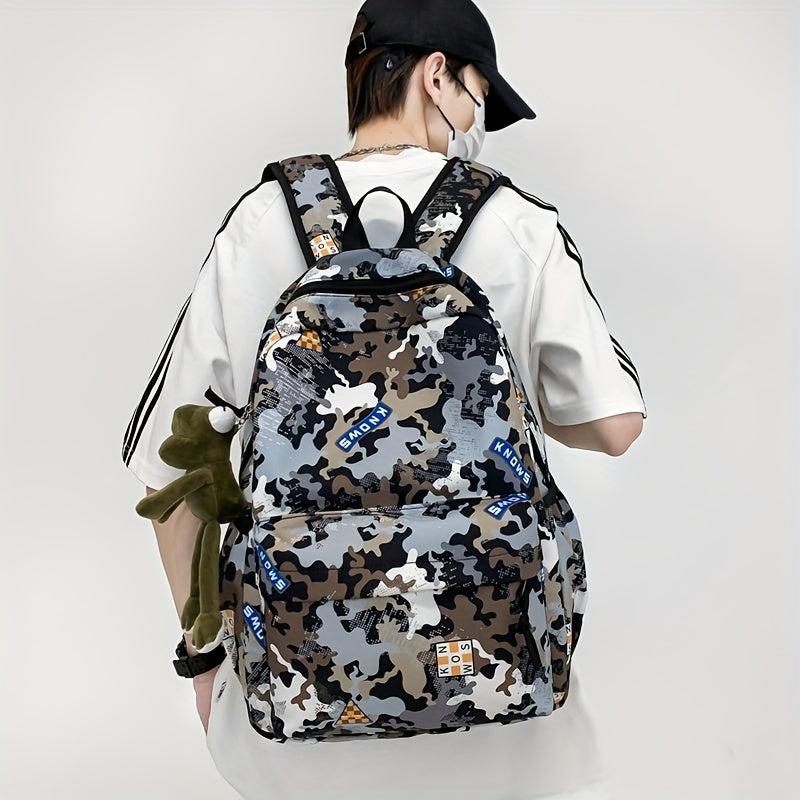 Camouflage Backpack with Frog Pendant for School and Travel