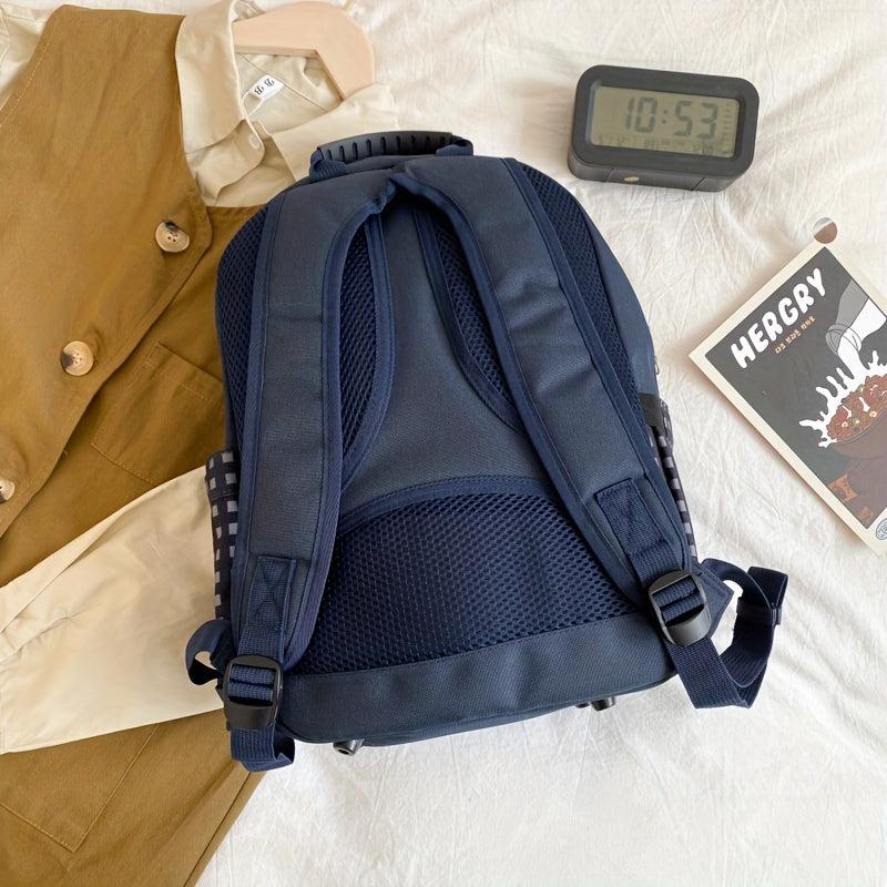 Plaid Backpack with Spine Protection and Large Capacity