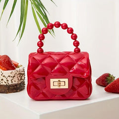 Rhombus Jelly Mini Crossbody Bag with Faux Pearl Portable Handbag