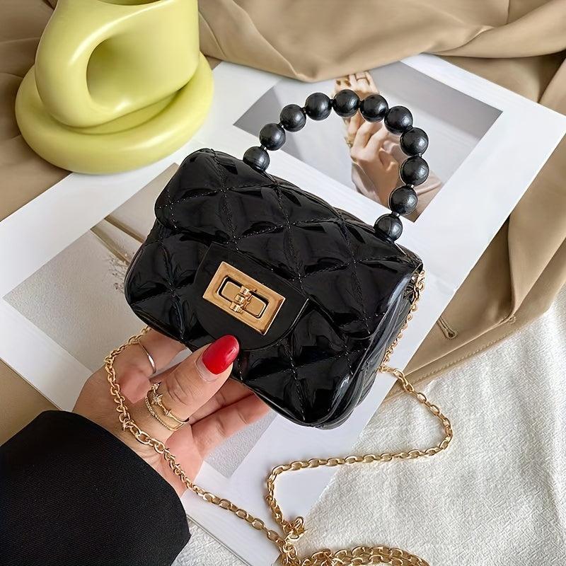 Rhombus Jelly Mini Crossbody Bag with Faux Pearl Portable Handbag