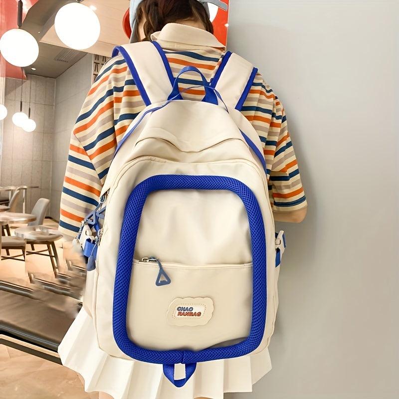 Block Zipper Backpack Messenger Bag Large Capacity