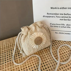 Chrysanthemum Pattern Crossbody Bag Bohemian Style Straw Woven Bucket
