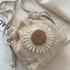 Chrysanthemum Pattern Crossbody Bag Bohemian Style Straw Woven Bucket