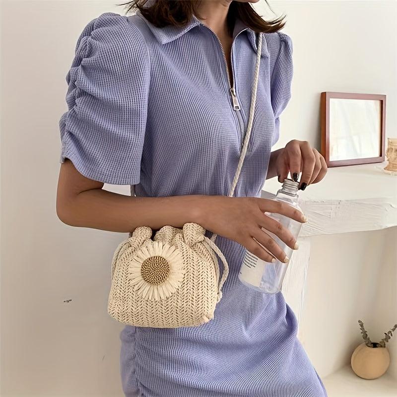 Chrysanthemum Pattern Crossbody Bag Bohemian Style Straw Woven Bucket