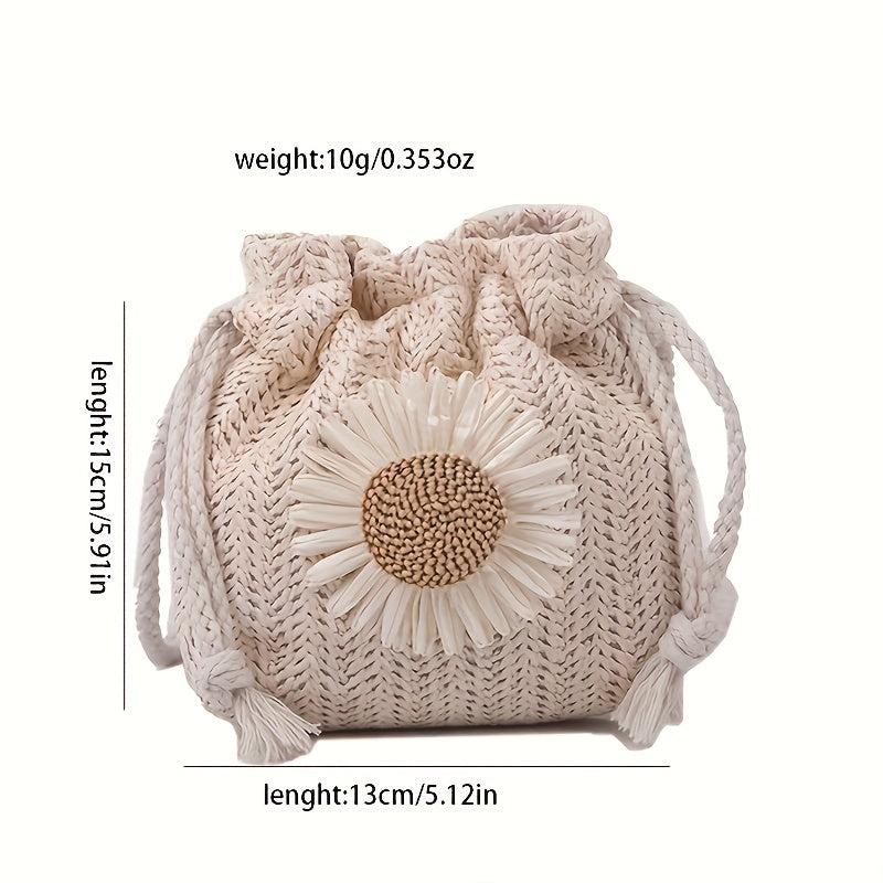 Chrysanthemum Pattern Crossbody Bag Bohemian Style Straw Woven Bucket