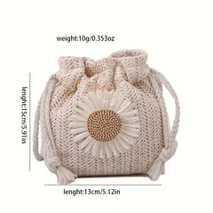 Chrysanthemum Pattern Crossbody Bag Bohemian Style Straw Woven Bucket