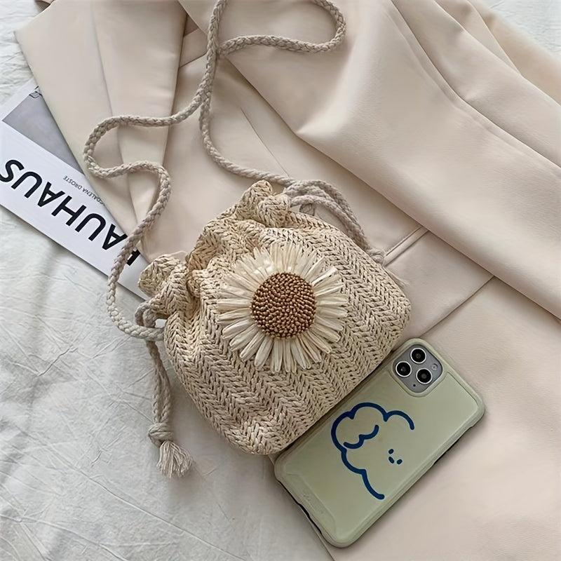 Chrysanthemum Pattern Crossbody Bag Bohemian Style Straw Woven Bucket