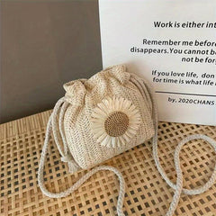 Chrysanthemum Pattern Crossbody Bag Bohemian Style Straw Woven Bucket
