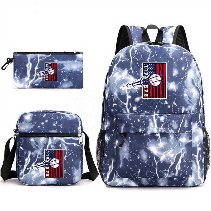 Baseball Pattern Reinforced Backpack With Pancil Bag And Shoulder Bag Set