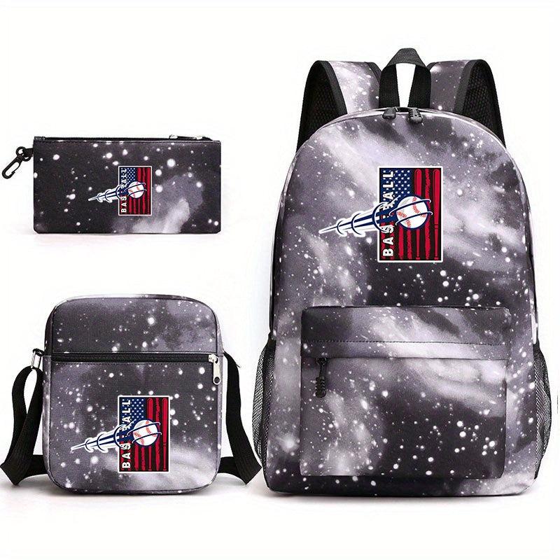 Baseball Pattern Reinforced Backpack With Pancil Bag And Shoulder Bag Set