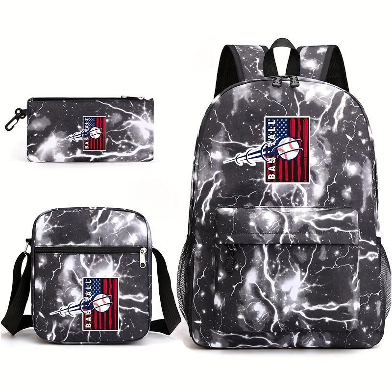 Baseball Pattern Reinforced Backpack With Pancil Bag And Shoulder Bag Set