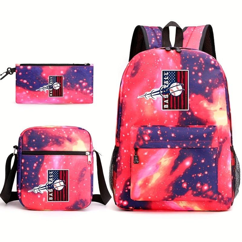 Baseball Pattern Reinforced Backpack With Pancil Bag And Shoulder Bag Set