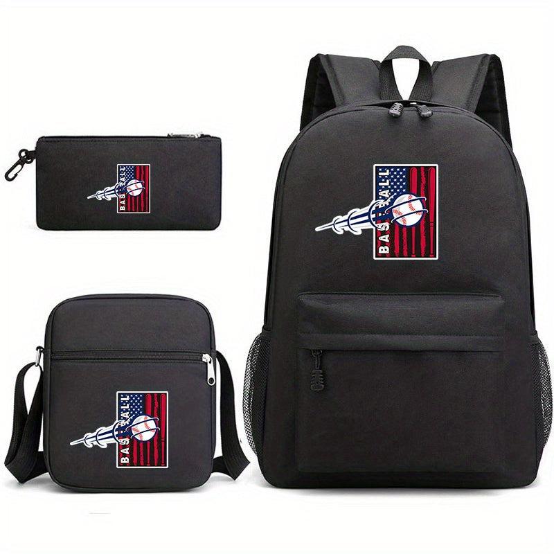 Baseball Pattern Reinforced Backpack With Pancil Bag And Shoulder Bag Set