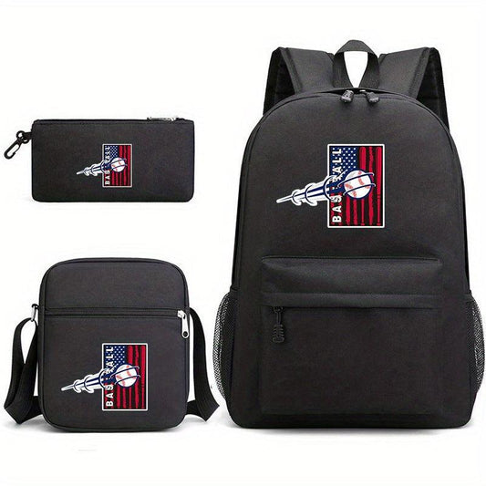 Baseball Pattern Reinforced Backpack With Pancil Bag And Shoulder Bag Set
