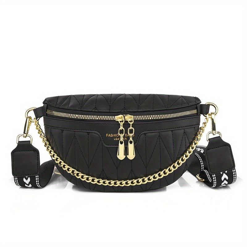 Textured Metal Chain Fanny Pack PU Leather Waterproof Crossbody Bag