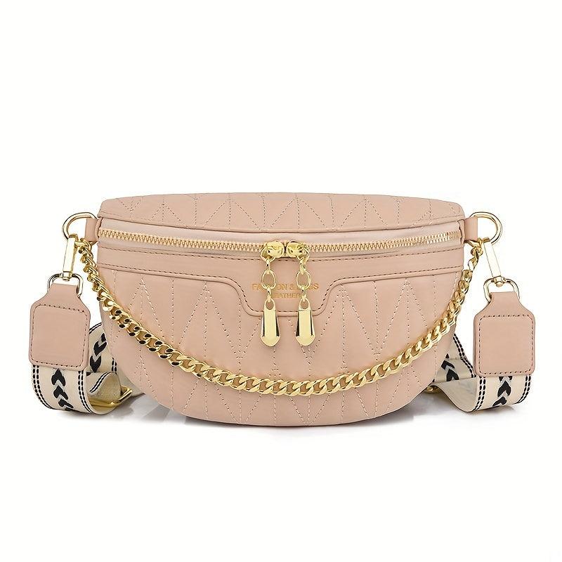 Textured Metal Chain Fanny Pack PU Leather Waterproof Crossbody Bag