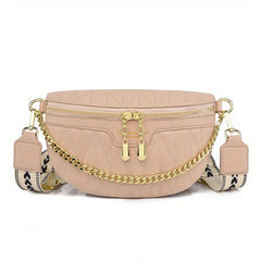 Textured Metal Chain Fanny Pack PU Leather Waterproof Crossbody Bag