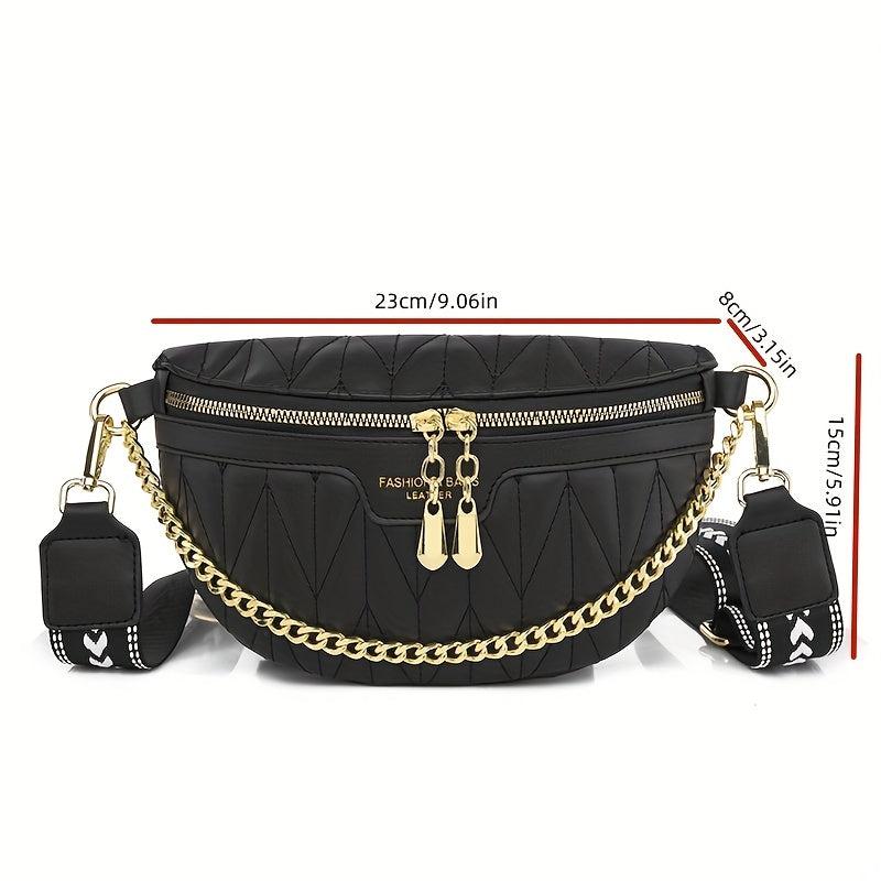 Textured Metal Chain Fanny Pack PU Leather Waterproof Crossbody Bag