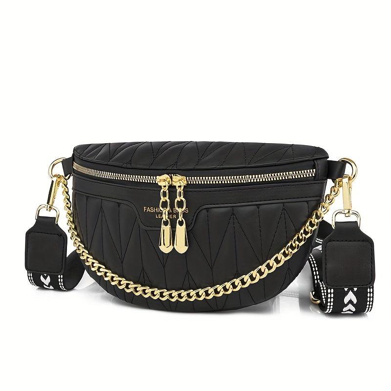 Textured Metal Chain Fanny Pack PU Leather Waterproof Crossbody Bag