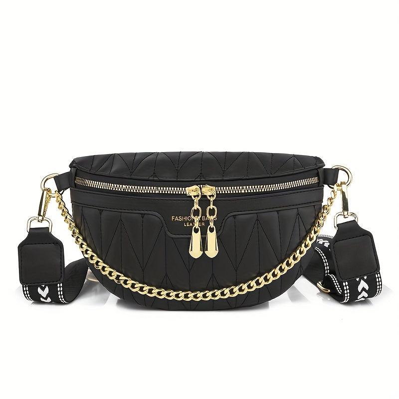 Textured Metal Chain Fanny Pack PU Leather Waterproof Crossbody Bag