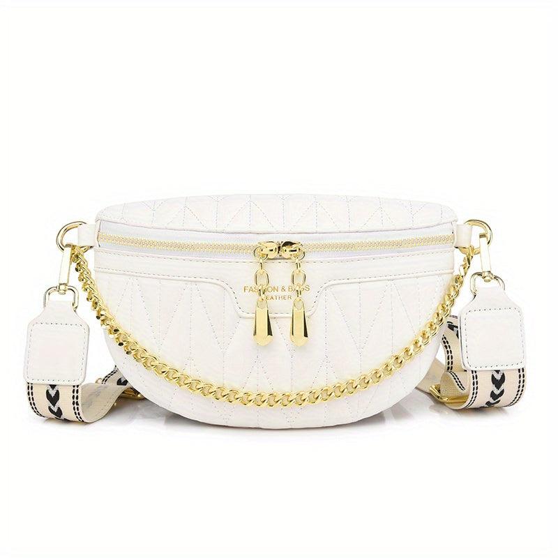 Textured Metal Chain Fanny Pack PU Leather Waterproof Crossbody Bag