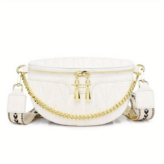 Textured Metal Chain Fanny Pack PU Leather Waterproof Crossbody Bag