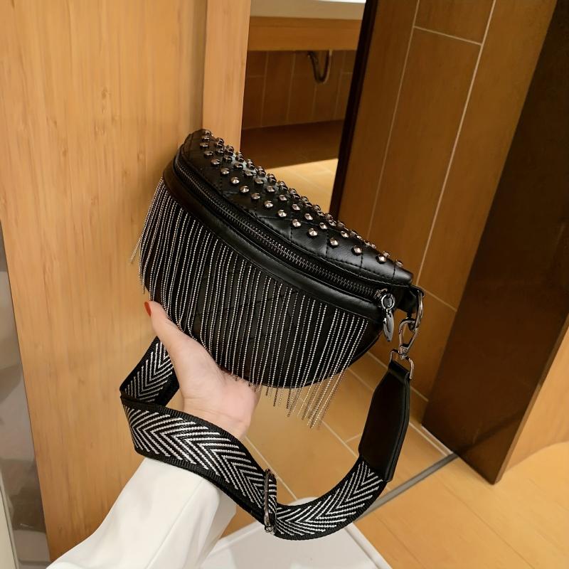 Gothic Studded Fanny Pack Crossbody Bag with Tassel Purse for Women
