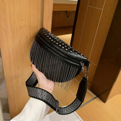 Gothic Studded Fanny Pack Crossbody Bag with Tassel Purse for Women