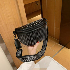 Gothic Studded Fanny Pack Crossbody Bag with Tassel Purse for Women