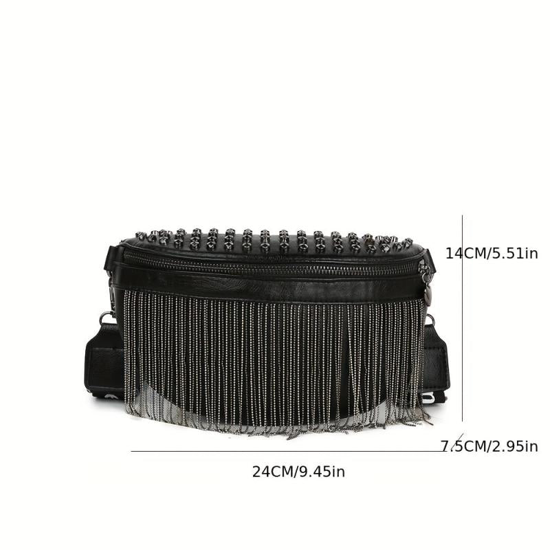 Gothic Studded Fanny Pack Crossbody Bag with Tassel Purse for Women