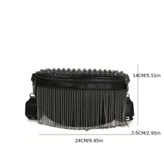 Gothic Studded Fanny Pack Crossbody Bag with Tassel Purse for Women