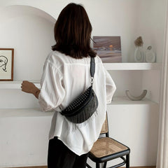 Gothic Studded Fanny Pack Crossbody Bag with Tassel Purse for Women